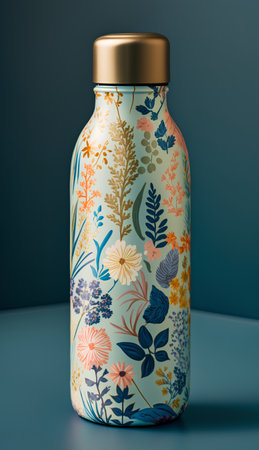 Mockup of a vase with floral pattern on blue backgroundの素材