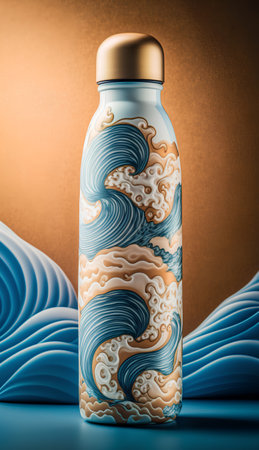 Mockup of a sports bottle with a pattern on a blue backgroundの素材