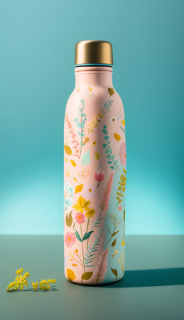 3d rendering of a pink plastic bottle with floral pattern on blue backgroundの素材