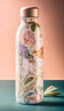 Cosmetic bottle with floral pattern on a blue-pink backgroundの素材