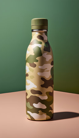 3d render of a plastic bottle with a camouflage pattern on a colored backgroundの素材