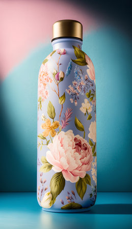 Mockup of a bottle with floral pattern on a blue backgroundの素材