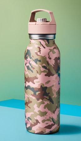 Sports bottle with a camouflage pattern on a blue background. 3d renderingの素材