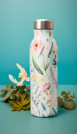 bottle with floral pattern on a blue background. Minimal still lifeの素材