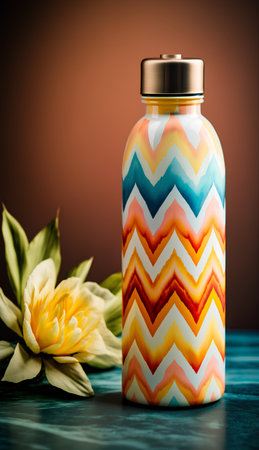 Bottle with zigzag pattern and yellow flower on dark backgroundの素材