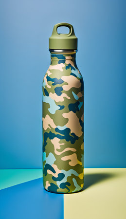 Sports bottle with a camouflage pattern on a blue and yellow background.の素材
