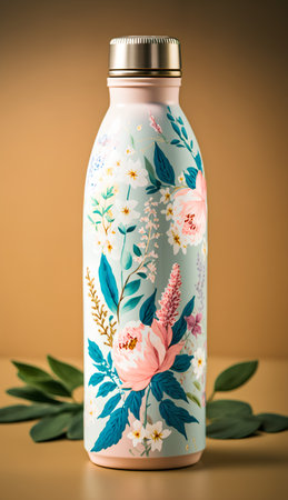 Plastic bottle with floral pattern and green leaves on yellow background.の素材