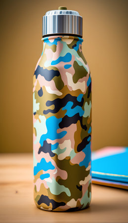 Sports bottle with a camouflage pattern on the background of notebooks and pensの素材