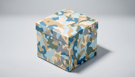 Camouflage box on a white background. 3d rendering.の素材