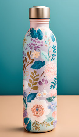 Cosmetic bottle with floral pattern on a blue background. 3d renderingの素材
