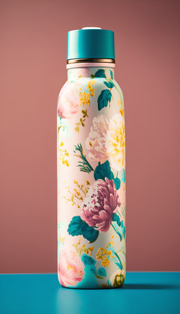 Cosmetic bottle with floral pattern on a blue and pink background.の素材