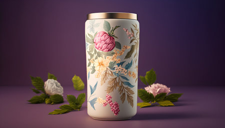 3d rendering of a white container with a floral pattern on a purple backgroundの素材