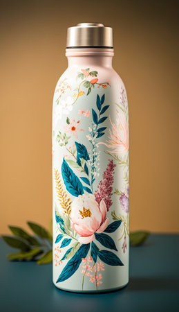 Cosmetic bottle with floral pattern on blue and yellow background. Beauty conceptの素材