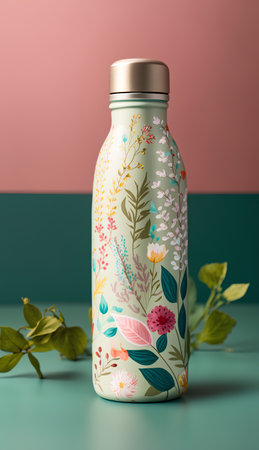Mockup of a glass bottle with floral pattern on a colored backgroundの素材