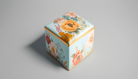 3d rendering of a gift box with a floral pattern on a gray backgroundの素材