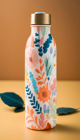 Mockup of cosmetic bottle with floral pattern on yellow background.の素材