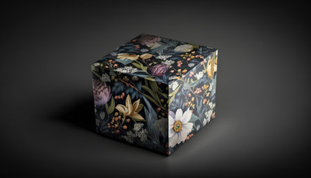 Gift box with floral pattern on black background. 3d renderの素材