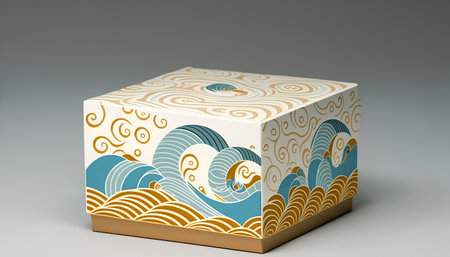 Cardboard box with a pattern of waves on a gray background.の素材