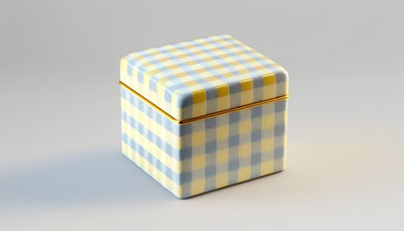 gift box with yellow and white checkered pattern on a gray backgroundの素材