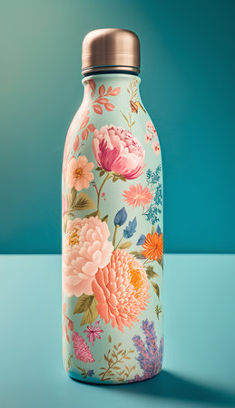 Vintage bottle with floral pattern on blue background. 3d renderingの素材