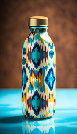 Colorful glass jar with geometric pattern on blue background. 3d renderingの素材