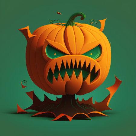 Halloween pumpkin with scary face on green background. Vector illustration.の素材