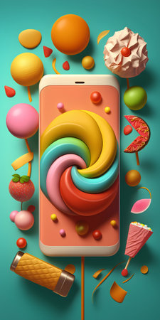 Mobile phone with colorful candies on green background. 3d illustrationの素材