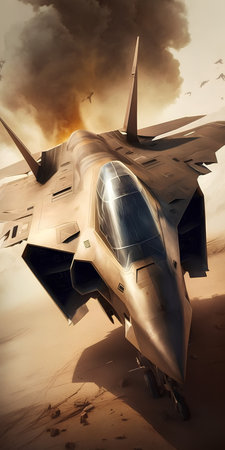 Military fighter jet in the desert. 3D render. Conceptual illustration.の素材