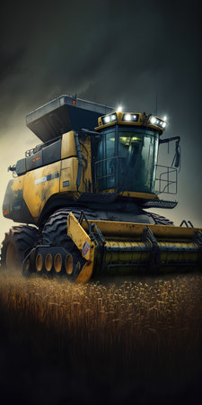 Combine harvester working on a wheat field at sunset.の素材