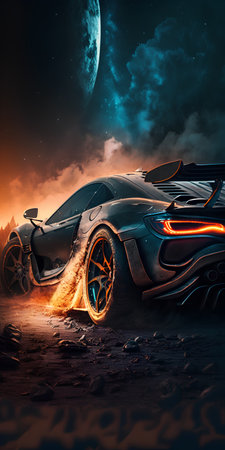 3D rendering of a fantasy car in the middle of the nightの素材