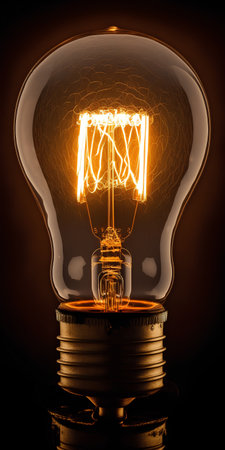 An illuminated electric lightbulb on a dark background with a glowing filament.の素材