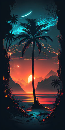 Tropical island with palm trees at sunset. Vector illustration.の素材