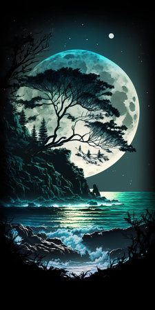 Beautiful night landscape with full moon, sea and tree. Vector illustration.の素材