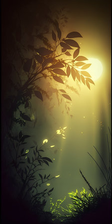 Foggy forest at sunset. Vector illustration for your design.の素材