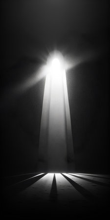 Spotlight in a dark room with light rays coming from the ceilingの素材