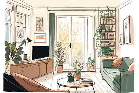 Living room interior with furniture and plants. Vector hand drawn illustration.の素材