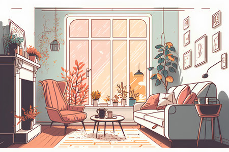Living room interior with sofa, coffee table, armchair and plants. Vector illustration.の素材