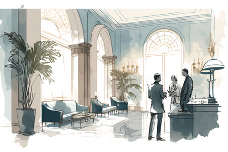 Interior sketch of a hotel lobby. Hand drawn vector illustration.の素材