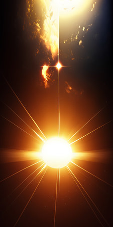 Glowing sun in space and stars in the sky. Illustrationの素材