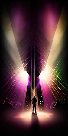 Dancing people on stage with spotlights and smoke. Vector illustration.の素材