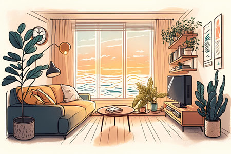 Living room interior with sofa, TV and plants. Hand drawn vector illustration.の素材