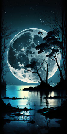 Night landscape with full moon, lake and trees. Collage.の素材