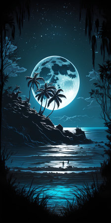 Illustration of a tropical island with palm trees and a full moonの素材