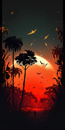Sunset in the jungle with palm trees and birds. Vector illustration.の素材