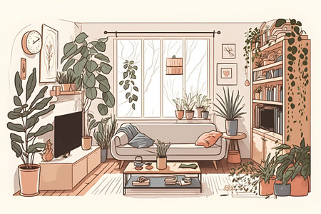 Living room interior with furniture and plants. Vector hand drawn illustration.の素材