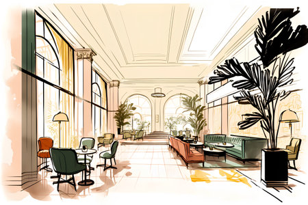 Interior of a hotel lobby with tables and chairs. Vector illustrationの素材