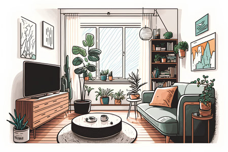Living room with sofa, coffee table, tv and plants. Vector illustration.の素材