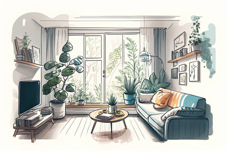 Hand drawn sketch of a cozy living room interior. Vector illustration.の素材