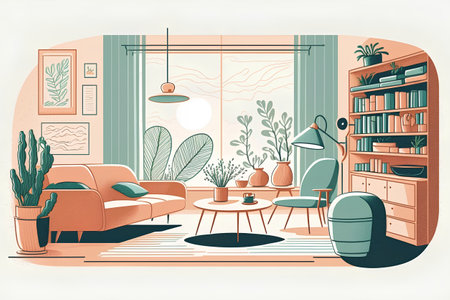 Living room interior with sofa, coffee table, bookshelf, coffee table and plants. Vector illustration.の素材