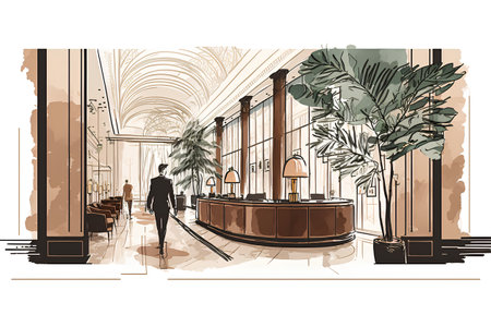 Sketch of hotel lobby interior. Vector illustration of hotel lobby.の素材